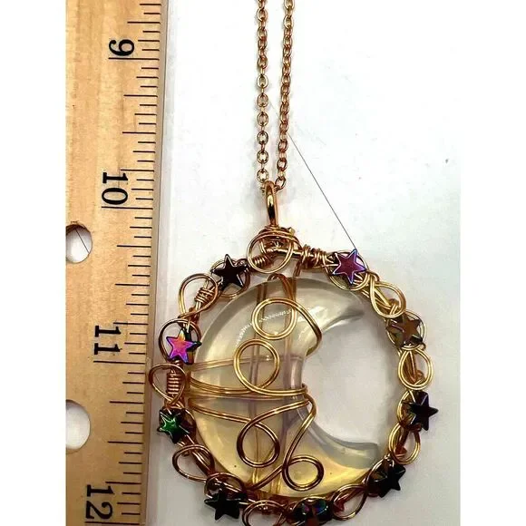 New Opal Copper Wire Wrapped Moon Pendant Gold Tone Necklace - Picture 12 of 13